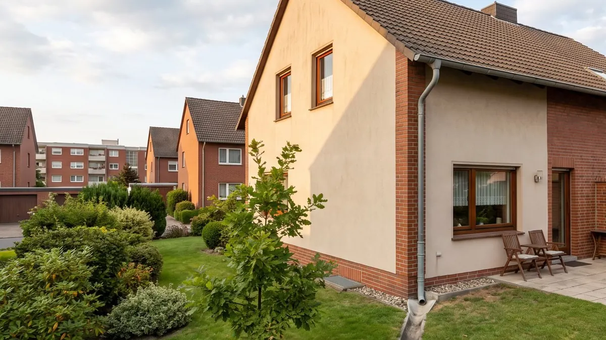 Einfamilienhaus mit Garten, Terrasse und Fallrohr – Symbolbild zu Häusern und Leitungen in Voerde