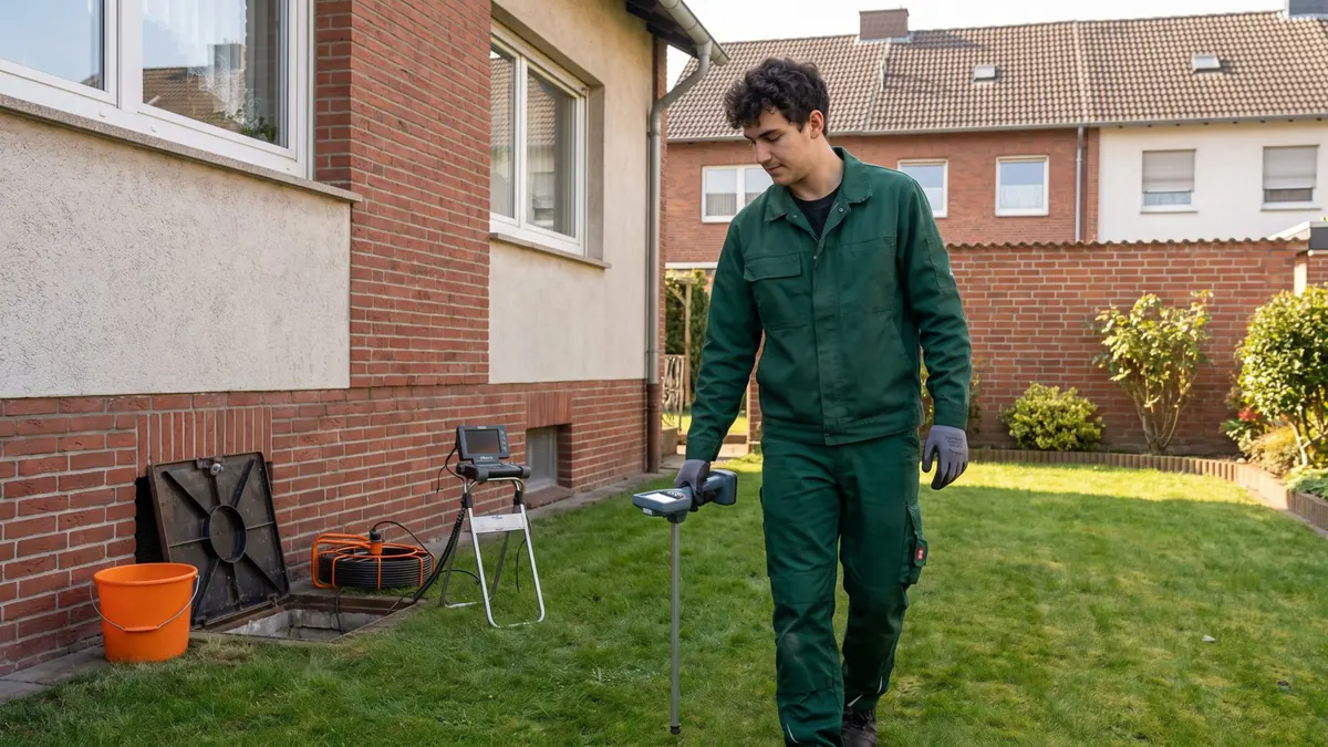 Fachkraft ortet mit einem Empfänger den Verlauf einer Leitung im Garten: Kamera und Ortung bei der Rohrreinigung in Dorsten