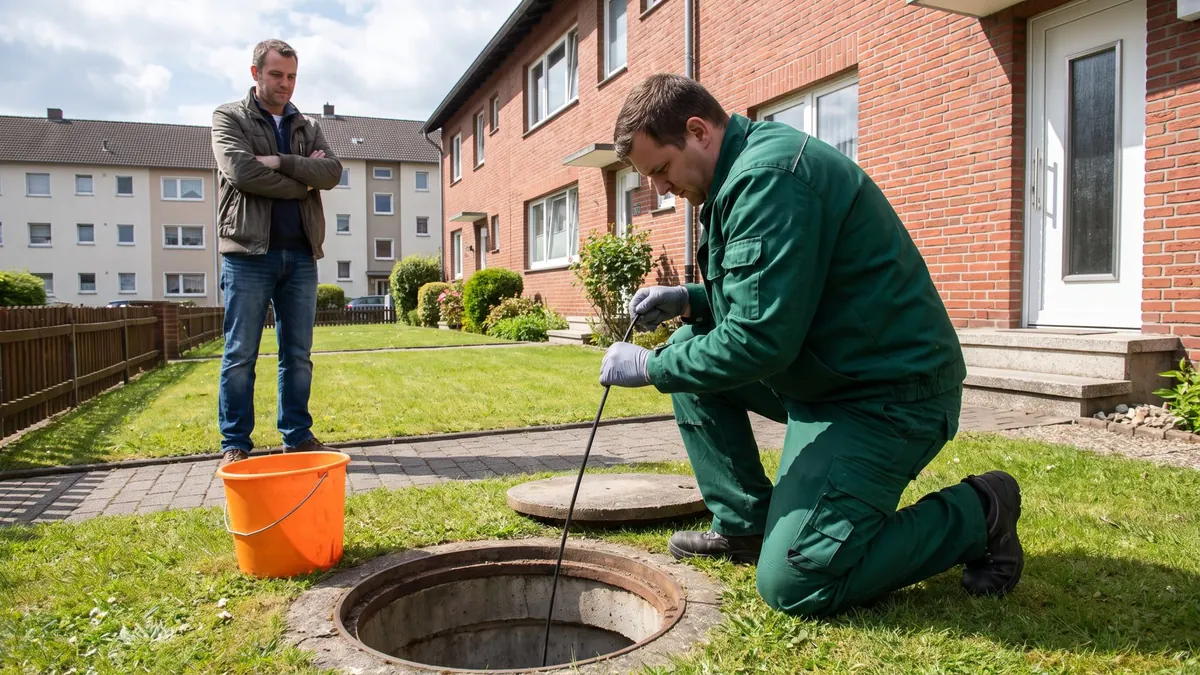 Fachkraft führt eine Kamera in einen Revisionsschacht im Vorgarten ein: Kamera und Ortung bei der Rohrreinigung in Datteln