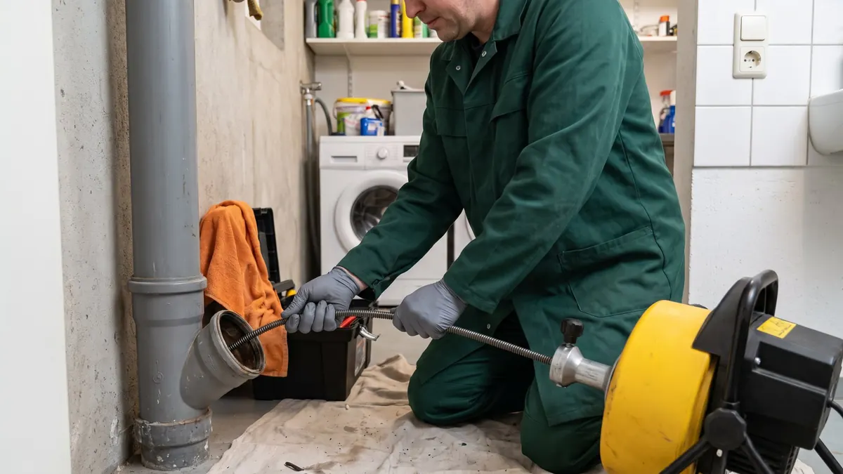 Fachkraft arbeitet mit einer elektrischen Rohrreinigungsmaschine im Keller: Kamera und Ortung bei der Rohrreinigung in Hamm