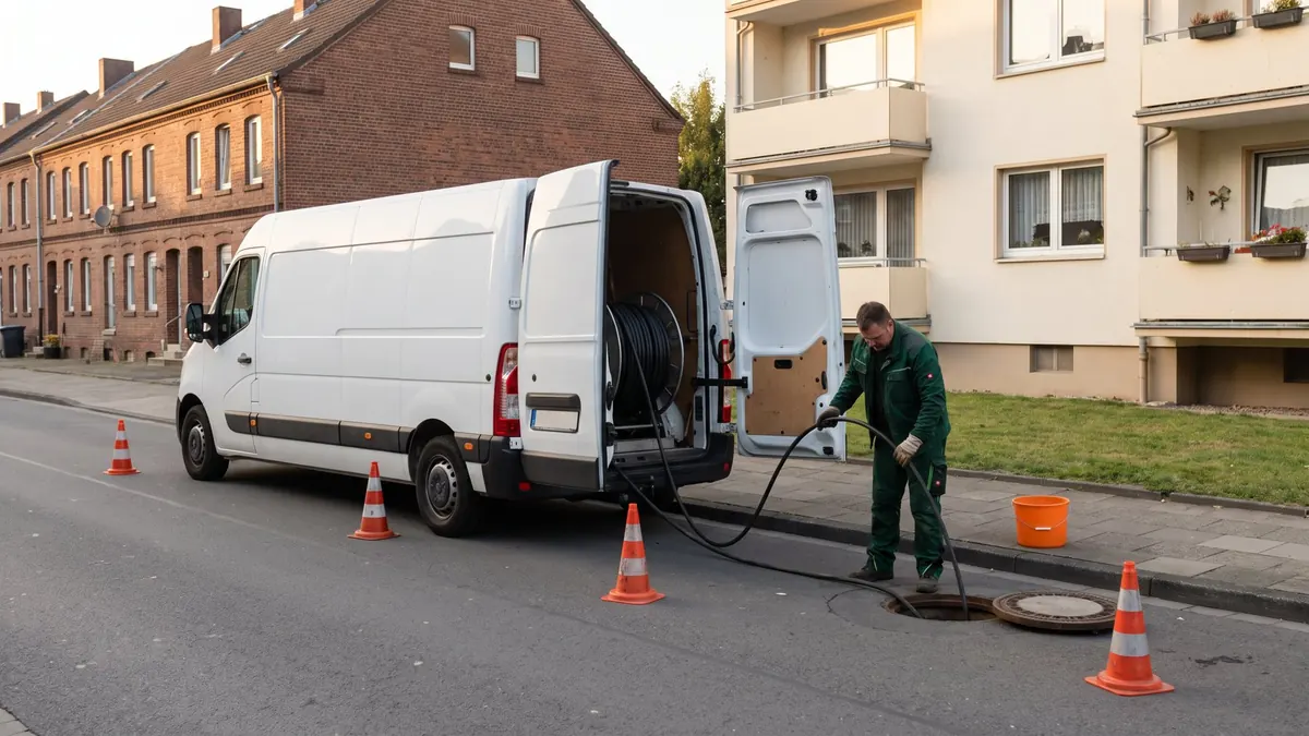 Spülschlauch führt von einem Fahrzeug in einen geöffneten Kanalschacht: Kamera und Ortung bei der Rohrreinigung in Schwerte