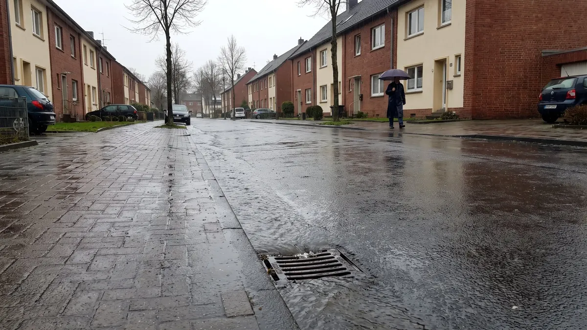 Starkregen in einer Wohnstraße, Wasser läuft in den Straßenablauf – zum Fuchs-Tipp „Starkregen: Haus und Keller vorbereiten“