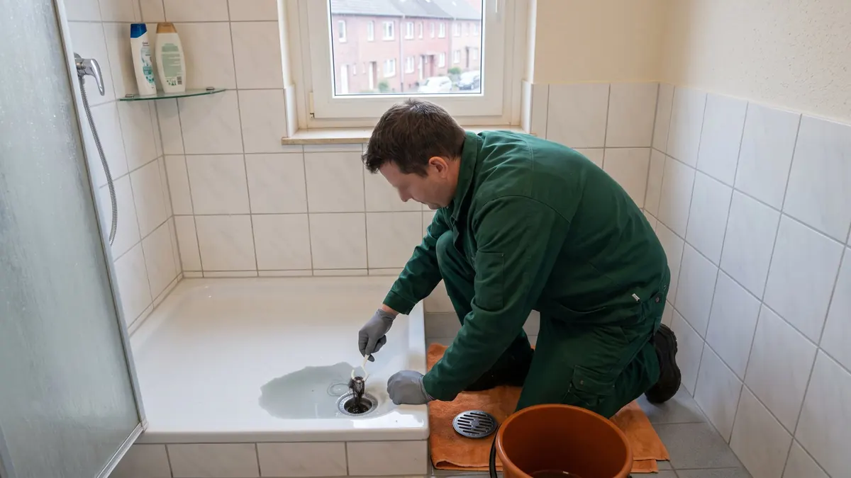 Fachkraft holt Haare aus dem Ablauf einer Duschtasse