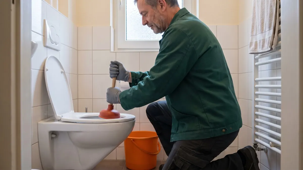 Fachkraft setzt eine Saugglocke an einer verstopften Toilette an